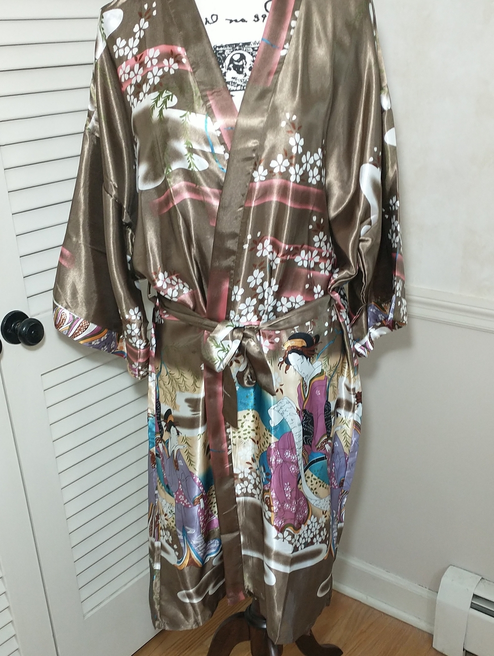 Singapore Silk Collections Belted Kimono Robe, Size M - L, Brown And Pink
